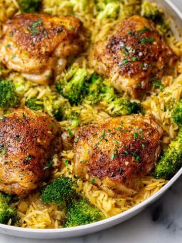 Skillet Chicken Thighs with Broccoli Cheddar Orzo Recipe