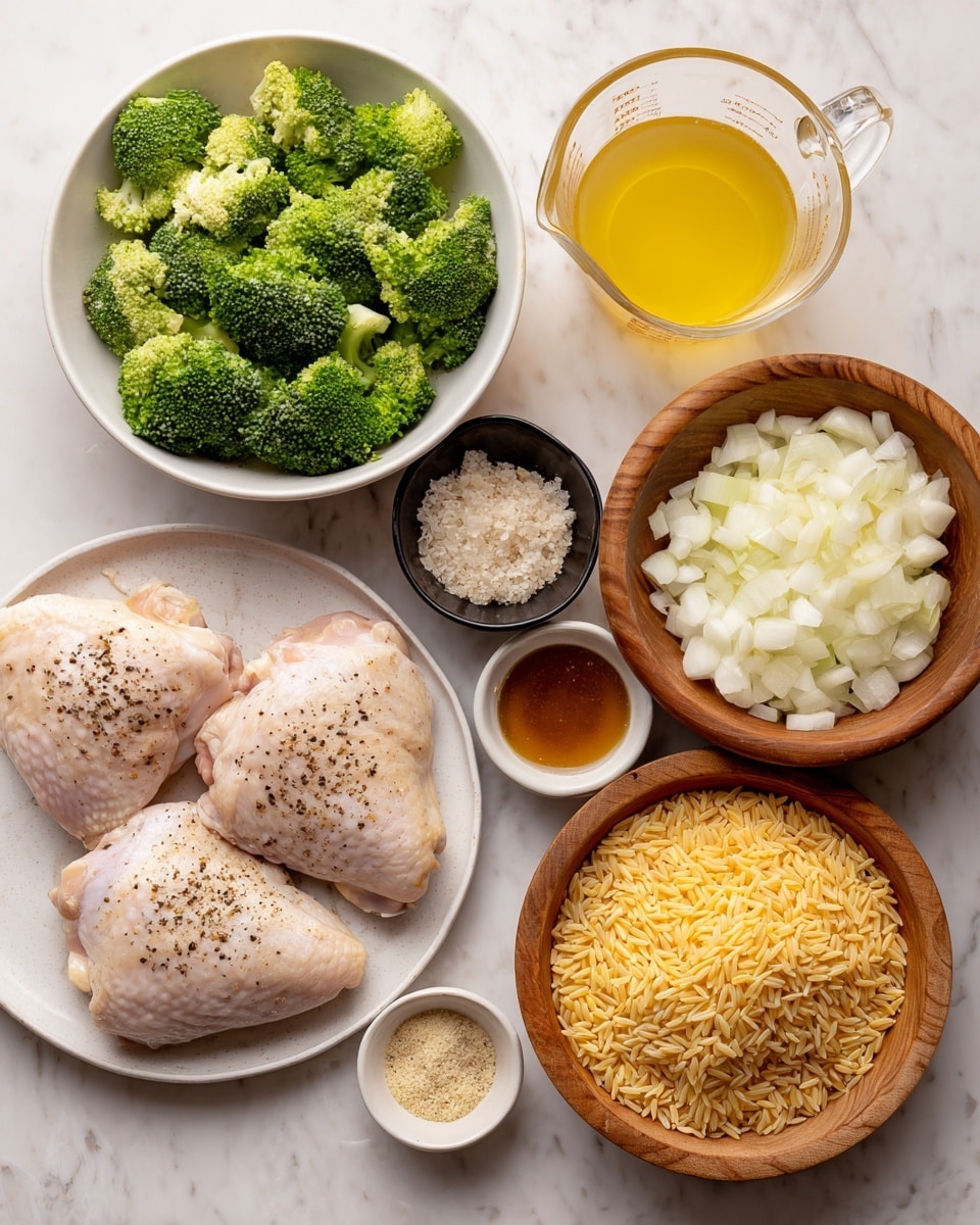The image shows seven items arranged on a white marbled surface. In the lower left, there is a white plate with two raw chicken thighs sprinkled with black pepper. Above this plate, on the left side, is a white bowl filled with fresh green broccoli florets. To the right, there is a clear glass measuring cup with a yellow liquid. Below that, a small black bowl contains a generous pile of shredded orange cheddar cheese. To the right, a medium-sized wooden bowl is full of chopped white onions. Next to it, a small wooden bowl has finely minced garlic, and a smaller bowl beside that holds a brown liquid. At the bottom right corner is a wooden bowl filled with dry, uncooked orzo pasta in small yellow grains. Photo taken with an iphone --ar 4:5 --v 7