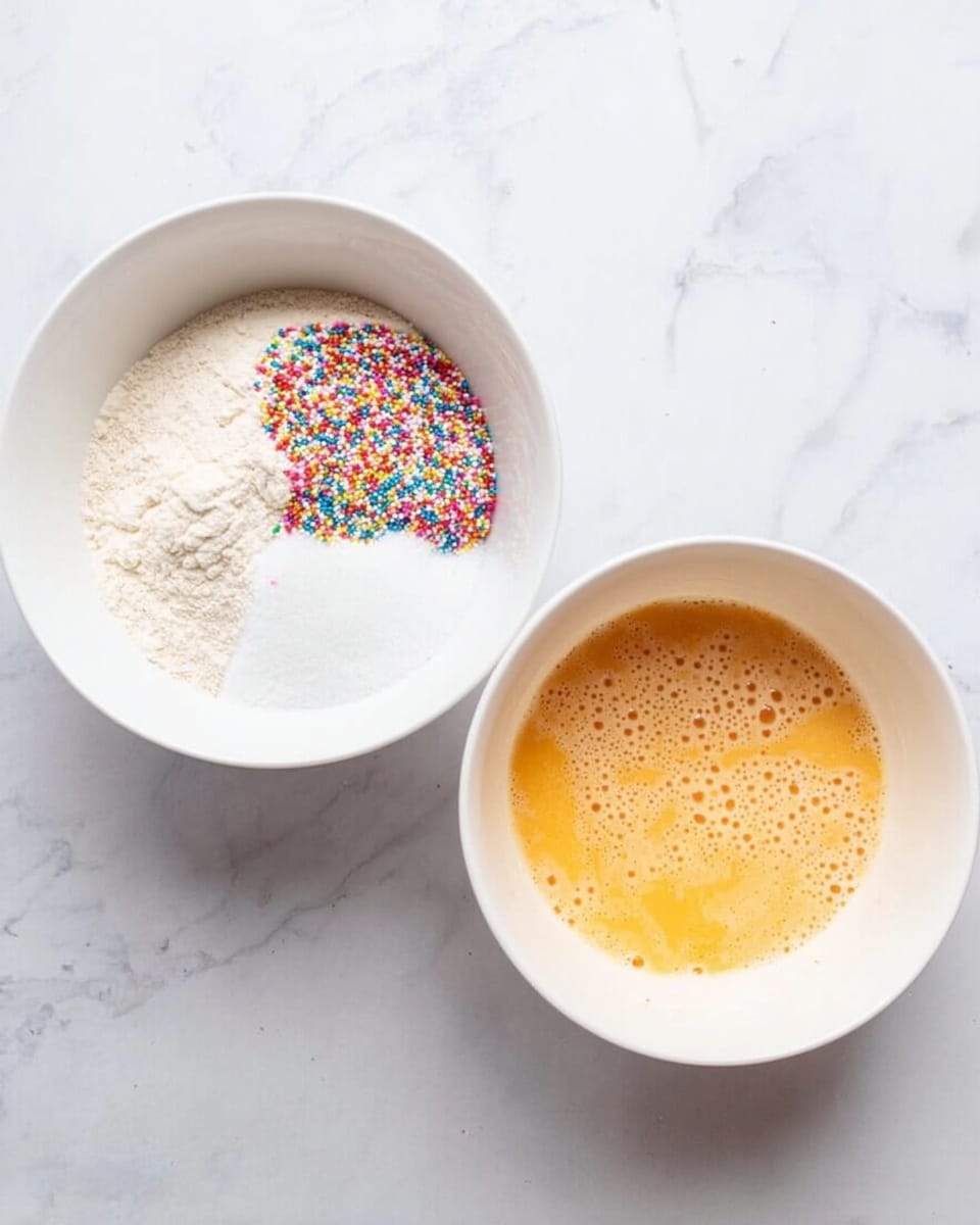 Two white bowls sit on a white marbled surface. The left bowl contains a mixture of dry ingredients: a section of white sugar, pale beige flour, and a small pile of colorful rainbow sprinkles on the right side. The right bowl holds a light orange, slightly frothy beaten egg mixture. The scene is simple and clean, focusing on the preparation stage of baking. photo taken with an iphone --ar 4:5 --v 7
