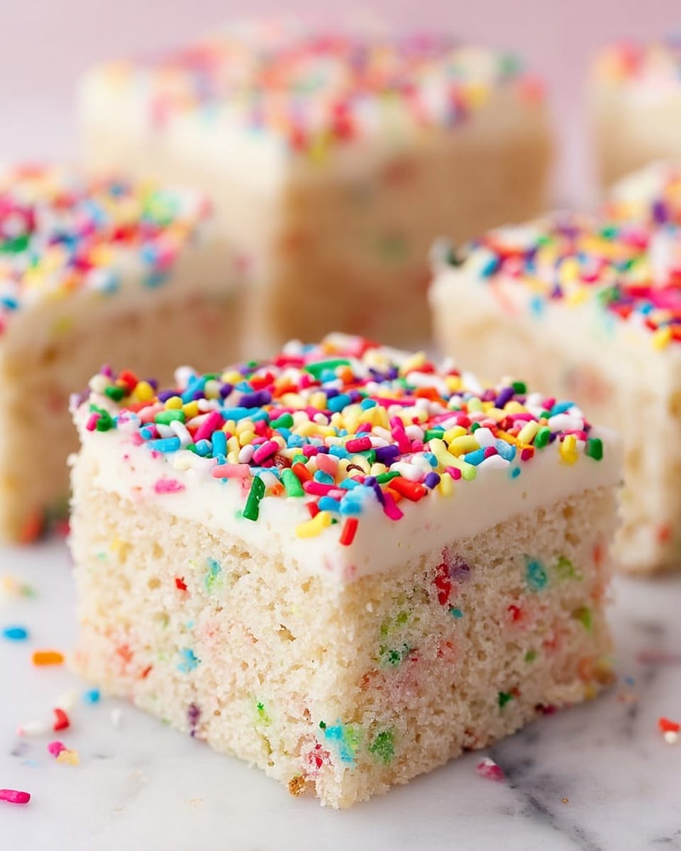 A close-up view of a square piece of funfetti cake showing two layers: the bottom is a thick, light beige cake dotted with colorful tiny sprinkles inside, and the top is a smooth white frosting layer covered with bright, multicolored sprinkles. The cake looks soft and moist, and more pieces of the same cake are blurred in the white marbled background. Photo taken with an iphone --ar 4:5 --v 7