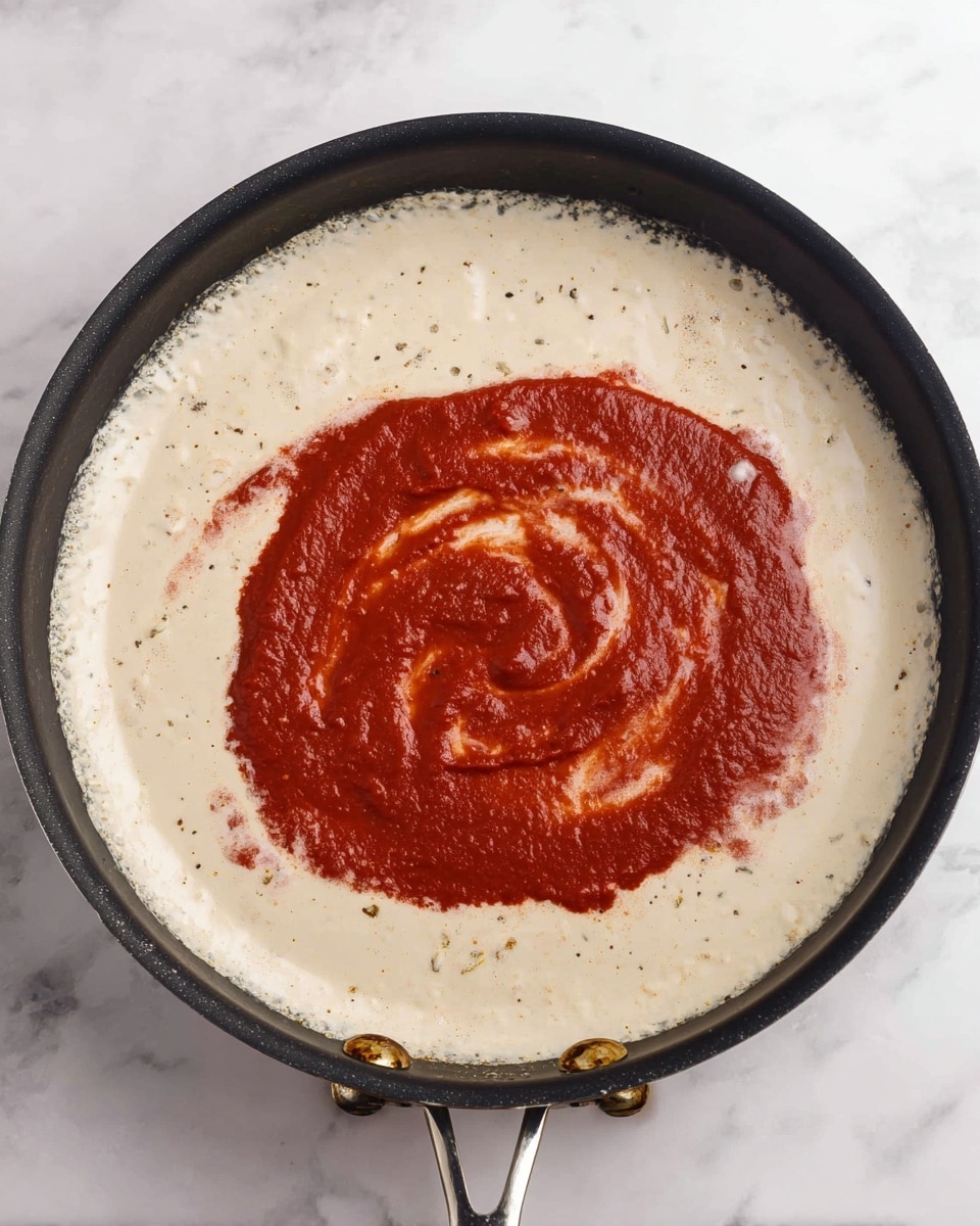 A black frying pan sits on a white marbled surface, filled halfway with a creamy off-white sauce that has a smooth, slightly bubbly texture and hints of seasoning. In the center, a thick, rich red sauce layer sits on top of the cream sauce, with a vibrant, slightly chunky texture showing swirls and depth. The contrast between the creamy light layer and the bold red sauce is clear and vibrant, with the sauces not yet mixed. The pan’s metal rivets and handle base are visible, adding detail to the scene. photo taken with an iphone --ar 4:5 --v 7