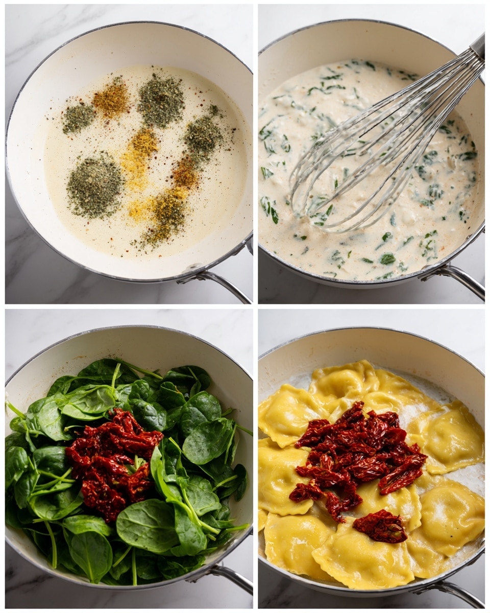 The image shows four steps of making a creamy ravioli dish arranged in a collage. The first layer in the top left frame is a white pan with a few light yellow spices and green dried herbs sprinkled over a light creamy liquid. The second frame on the top right captures the same creamy liquid mixed with the herbs, creating a speckled white and dark green texture, with a metal whisk resting inside. The third frame on the bottom left shows fresh green spinach leaves and bright red chopped sun-dried tomatoes added on top of the creamy mixture, giving a fresh and vibrant look. The final frame at the bottom right shows yellow ravioli pasta cooking in boiling water inside the same white cooking pot. The background is a white marbled surface. Photo taken with an iphone --ar 4:5 --v 7