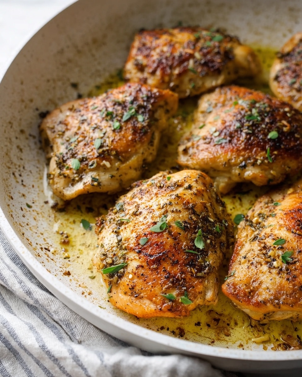 A close-up view of six golden brown cooked chicken pieces in a large white pan, each piece showing a crispy, seasoned surface with small green herb leaves sprinkled on top. The chicken has a sizzling, slightly oily look with visible small brown spices and garlic bits scattered around, sitting in a shallow pool of cooking juices. The pan rests on a soft, striped cloth, all set against a white marbled surface. photo taken with an iphone --ar 4:5 --v 7