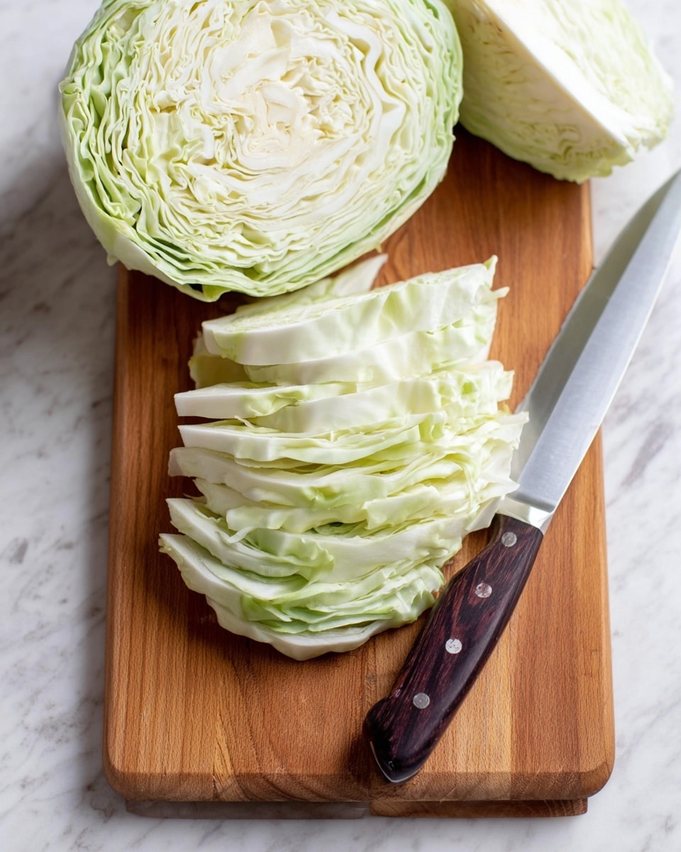 The image shows a wooden cutting board with a head of cabbage sliced into thin, even layers placed in the center. The cabbage layers are pale green and white, arranged in a small stack that fans out slightly. Behind the sliced cabbage, two larger cabbage halves are placed on either side. A large kitchen knife with a dark wooden handle and a shiny silver blade lies diagonally on the board, pointing away from the cabbage. The entire setup rests on a white marbled surface. photo taken with an iphone --ar 4:5 --v 7