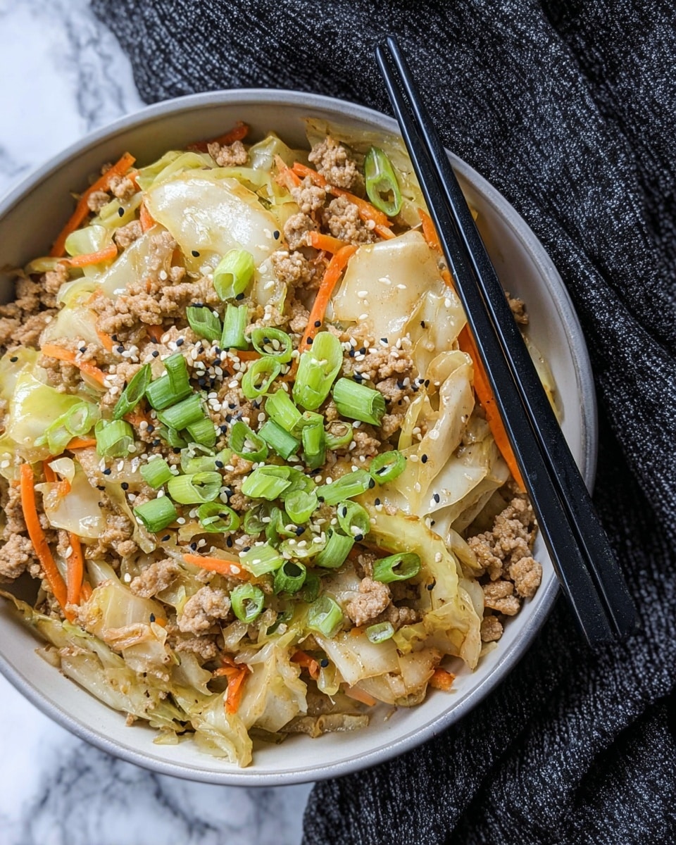 A close-up view of a dish served in a white bowl filled with three layers: the bottom layer is cooked light beige cabbage pieces, the middle layer has small cooked light brown ground meat pieces mixed with thin orange carrot strips, and the top layer is garnished with bright green chopped spring onions along with white sesame seeds sprinkled evenly, all lightly dusted with black pepper. Two black chopsticks rest on the edge of the bowl, which sits on a white marbled surface, next to a dark textured cloth. Photo taken with an iphone --ar 4:5 --v 7