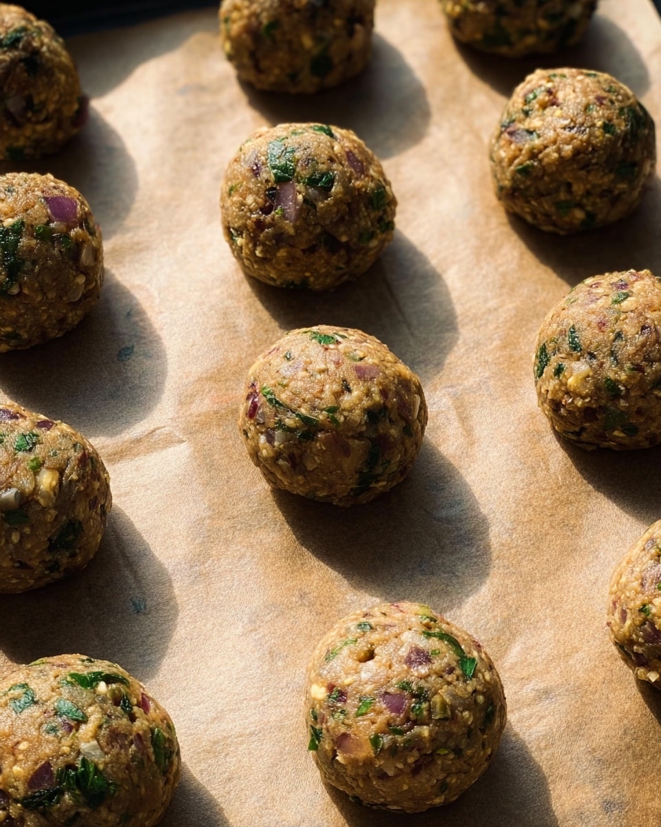 The image shows several round, uncooked balls placed evenly on a baking sheet lined with parchment paper. Each ball has a rough texture with visible pieces of green herbs, small bits of red onion, and other mixed ingredients creating a speckled look of brown, green, and purple shades. The balls are positioned in rows and are casting slight shadows on the parchment paper, which has a light brown color with some texture. The scene is lit with natural light, enhancing the details and colors of the balls. photo taken with an iphone --ar 4:5 --v 7