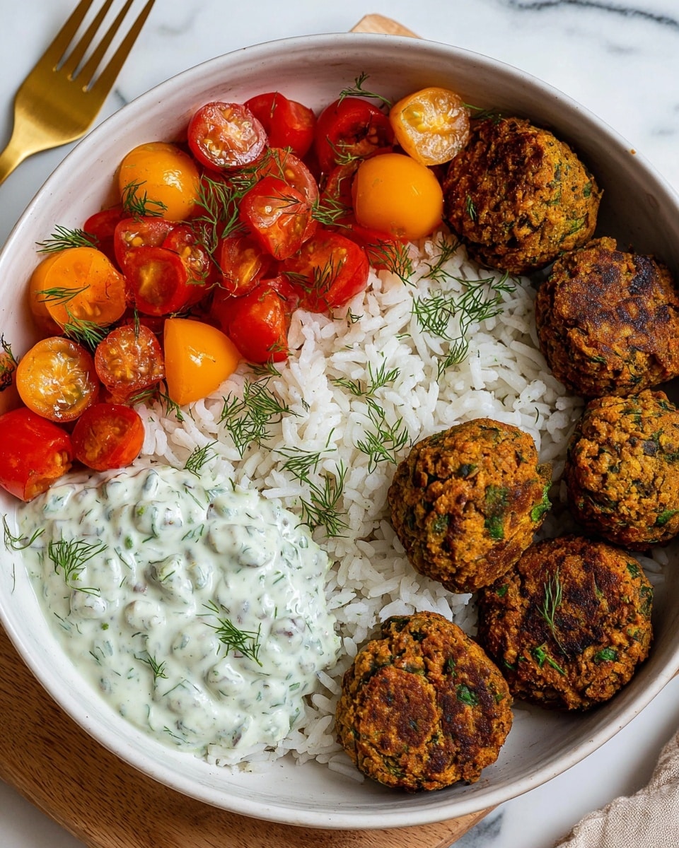 A white bowl holds a vibrant meal with four sections: on the left, bright red and orange cherry tomatoes cut in halves, mixed with green dill. Next to it is a creamy, light green sauce with small herb pieces giving it texture. Below the sauce is a generous layer of fluffy white rice sprinkled lightly with dill. On the right side, a group of seven round, golden-brown falafel balls with specks of green herbs are arranged in a neat cluster. The bowl is placed on a white marbled surface with a gold fork lying nearby. Photo taken with an iphone --ar 4:5 --v 7