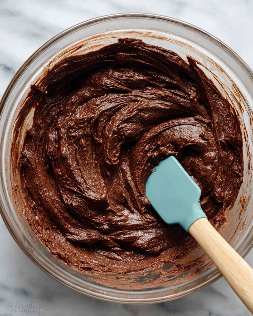 A clear glass bowl filled with a thick, dark brown chocolate batter that has a smooth but slightly textured surface with swirls and folds. There is a blue spatula with a light wooden handle resting inside the batter on the right side. The background shows a white marbled texture. photo taken with an iphone --ar 4:5 --v 7
