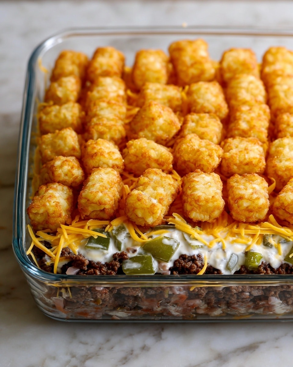 A clear glass baking dish shows four visible layers: the bottom layer is ground meat mixed with small bits of cooked onions in dark brown shades; on top of it is a layer of creamy white sauce with some green bell pepper pieces; above that is a layer of shredded yellow cheddar cheese; the top layer is a thick, evenly spread covering of golden-brown tater tots, slightly crisp with some powdered coating on them. The dish is placed on a white marbled surface. photo taken with an iphone --ar 4:5 --v 7