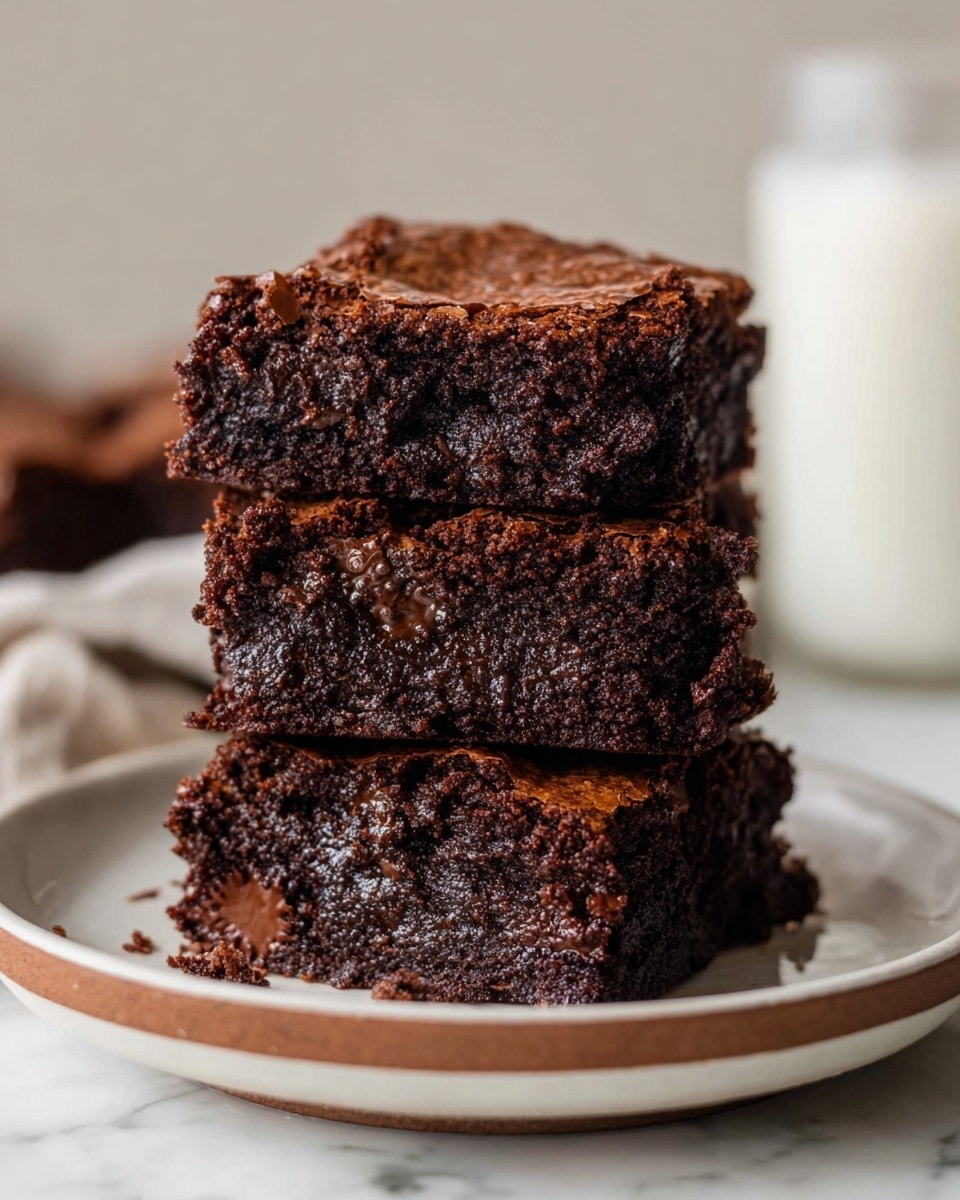 Three chocolate brownies are stacked on a white plate with a brown rim. Each brownie has a deep dark brown color with a slightly shiny cracked top layer and dense, moist texture inside, showing some melted chocolate bits. The plate sits on a white marbled surface, with a blurred glass of milk in the background. Photo taken with an iphone --ar 4:5 --v 7