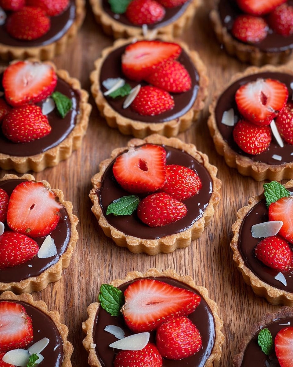 The image shows multiple small tarts arranged closely on a wooden surface. Each tart has three layers: a light brown flaky crust base, a smooth and shiny dark chocolate layer filling the crust, and a topping of fresh red strawberry slices with some whole strawberries. Some tarts also have a few small green mint leaves and pale slivered almond pieces scattered on the chocolate. The strawberries are cut and positioned to fan slightly, showing their bright red color and juicy texture. The overall look is colorful with a mix of dark brown, red, green, and cream tones. The surface is wood with visible grain textures. Photo taken with an iphone --ar 4:5 --v 7
