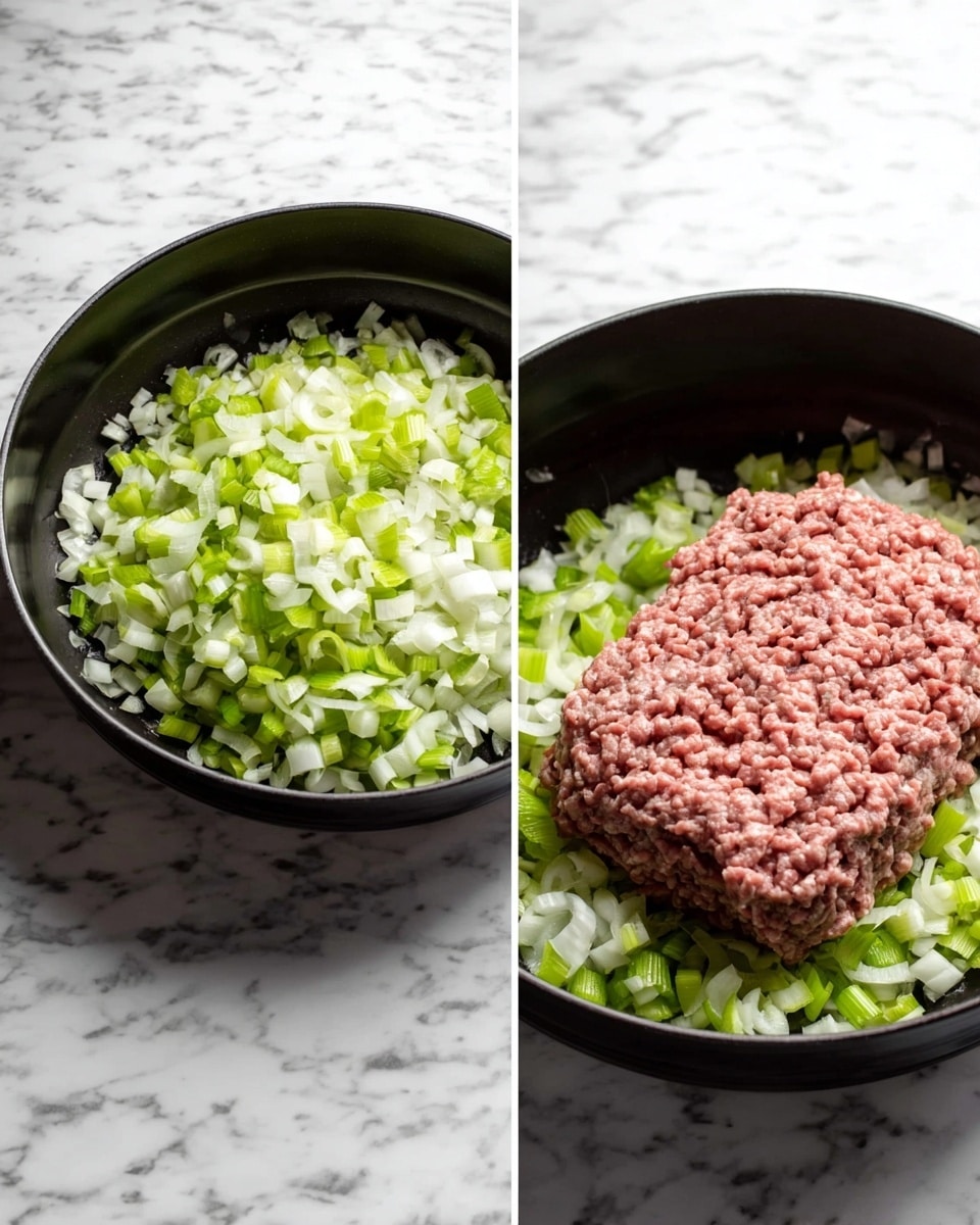 The image shows two black pans on a white marbled surface, each with layers of food. The first pan holds a layer of chopped green celery and white onions mixed together, covering the bottom evenly. The second pan has the same layer of celery and onions at the bottom, with a large piece of raw ground meat placed on top toward one side. The textures are clear, with the celery and onions looking fresh and the meat having a dense, rough surface. Photo taken with an iphone --ar 4:5 --v 7