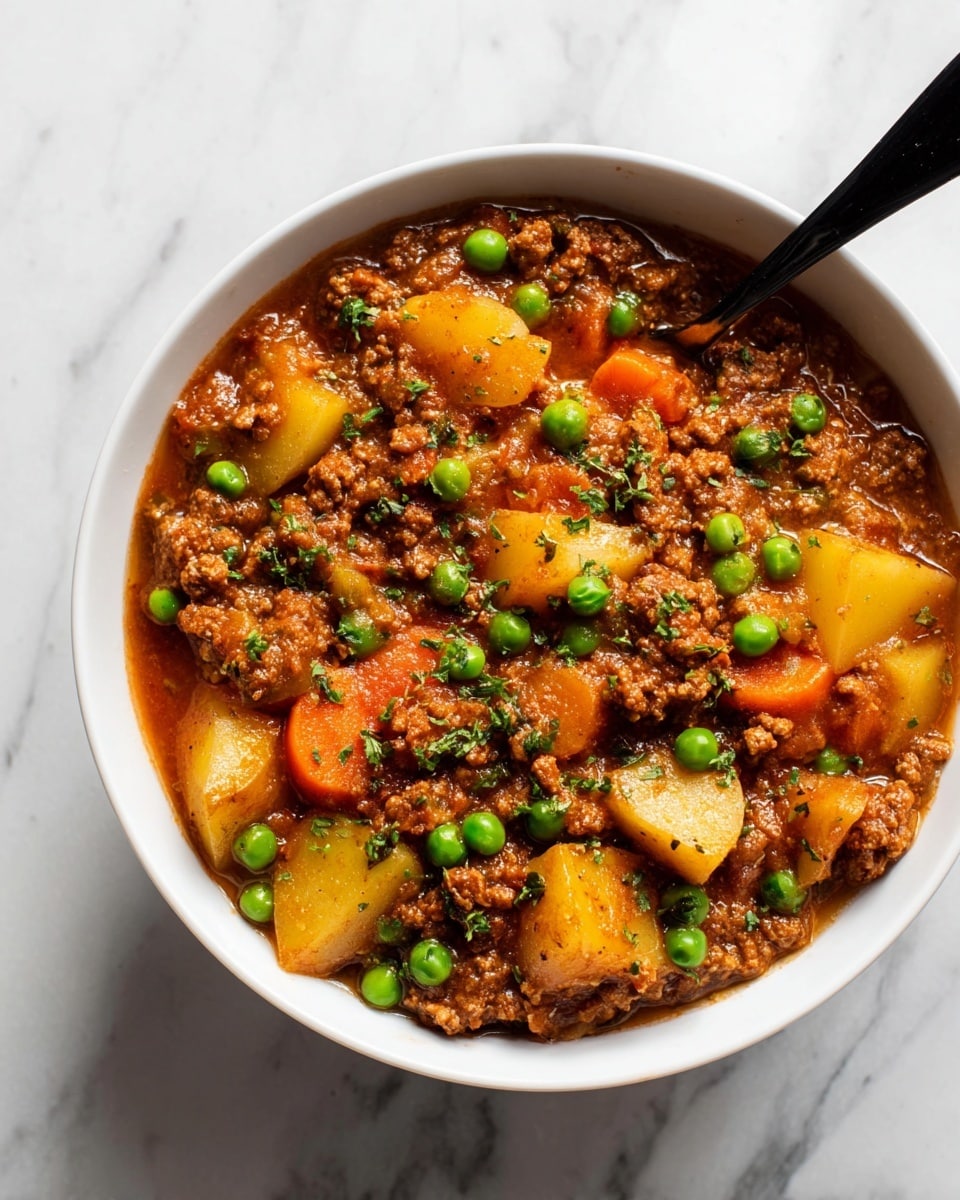 A white bowl holds a thick stew with three main layers: a base of rich brown ground meat mixed evenly throughout, chunks of golden yellow potatoes and bright orange carrot slices scattered in the middle, and round vibrant green peas spread on top, all covered in a slightly glossy, reddish-brown sauce. Small bits of green herbs are sprinkled on the surface. A black spoon rests inside the bowl on a white marbled surface. Photo taken with an iphone --ar 4:5 --v 7
