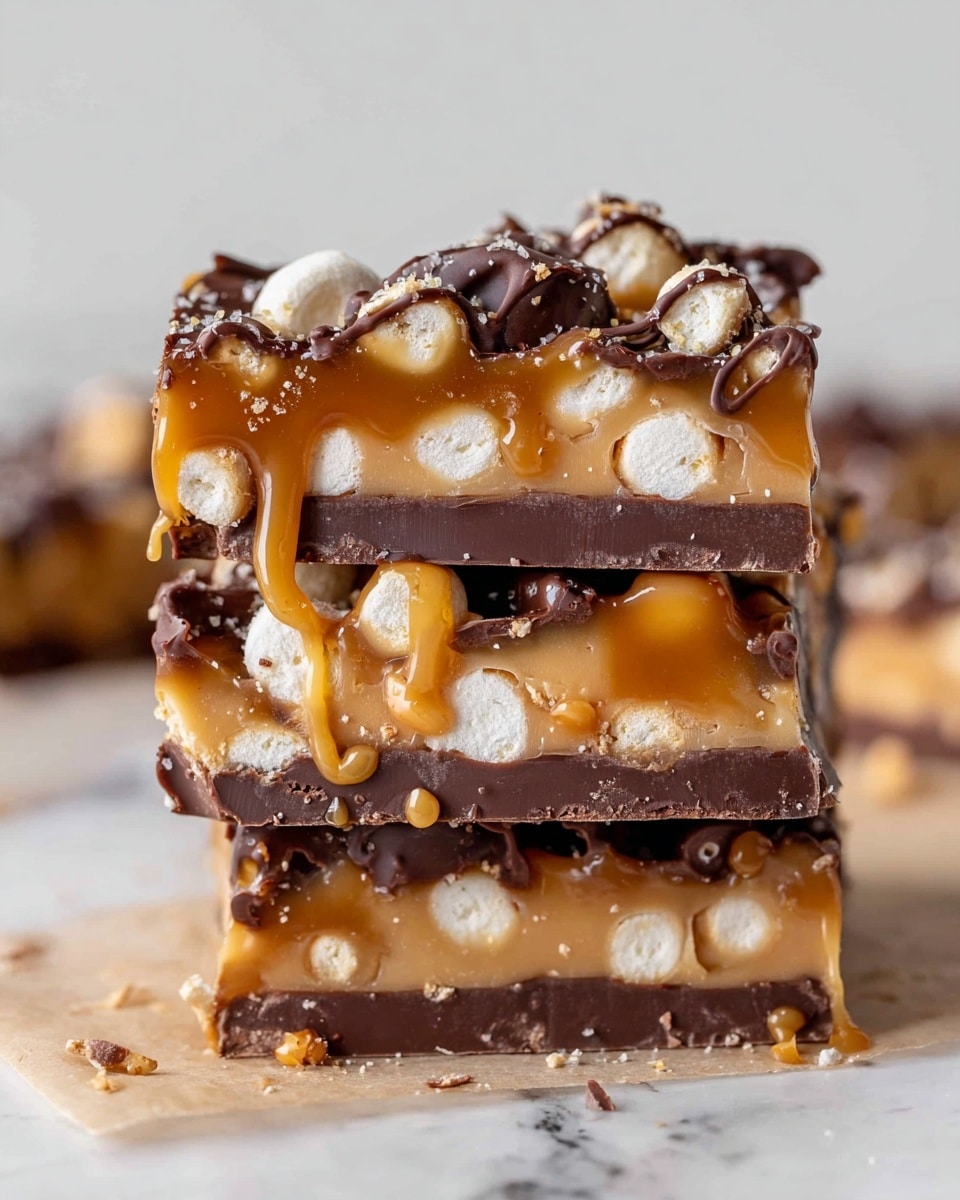The image shows a close-up of a stack of three pieces of a sweet bar. Each piece has three clear layers: a bottom dark brown chocolate layer, a middle light brown caramel layer mixed with white round puffed pieces, and a top layer of dark brown chocolate drizzles. The middle caramel layer is smooth and shiny, with some caramel dripping down the sides. The white puffed pieces are evenly spread inside the caramel. The bars have a thick and chunky texture with little bits falling around the base. The scene is set on a white marbled surface. Photo taken with an iphone --ar 4:5 --v 7