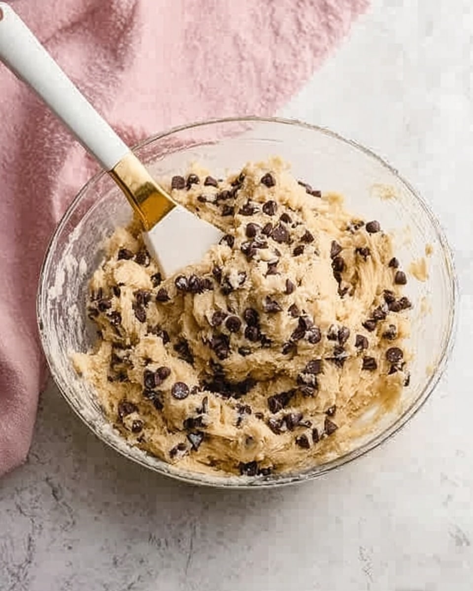 A clear glass bowl filled with light beige cookie dough mixed with many small, dark chocolate chips spread evenly throughout. A white spatula with a golden handle rests against the dough inside the bowl, showing some dough on it. The bowl is set on a white marbled surface with a soft, light pink cloth in the background. The texture of the dough looks thick and slightly creamy. photo taken with an iphone --ar 4:5 --v 7