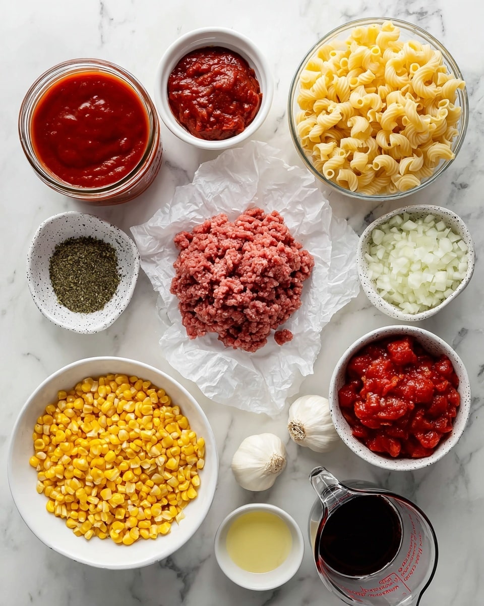 The image shows several ingredients neatly arranged on a white marbled surface. Starting from the top left, there is a glass jar filled with red sauce, next to a small white bowl holding thick red paste. Below these, a small white bowl contains dried green herbs beside a glass jar filled with elbow macaroni pasta. To the right, a white speckled bowl is full of finely chopped white onions. Near the center, a pile of raw ground meat rests on crumpled white paper. Below the meat, a clear glass bowl holds bright yellow corn kernels. To the right of the corn, a clear glass measuring cup is filled with a dark liquid. Toward the bottom, a white speckled bowl contains chunky red tomatoes. Next to this, two small white bowls hold minced garlic and a pale yellow liquid respectively. The scene is well-lit and organized, showing fresh and vibrant ingredients ready for cooking photo taken with an iphone --ar 4:5 --v 7