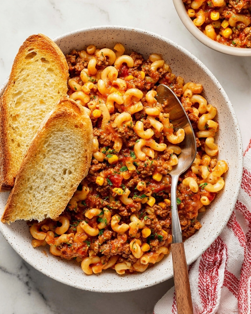 A white speckled bowl filled with three layers: at the bottom, curly elbow macaroni pasta in a light orange tomato sauce mixed with small pieces of browned meat and bright yellow corn kernels, dotted with green herb bits; on the left side, two slices of toasted light golden brown bread leaning against the pasta; a silver spoon with a wooden handle resting on the right side of the bowl slightly sunk into the pasta; the bowl sits on a white marbled surface with a red and white striped cloth napkin partly visible on the right side photo taken with an iphone --ar 4:5 --v 7
