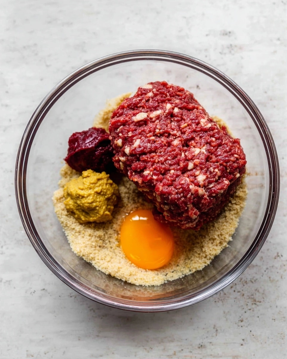 A clear glass bowl sits on a white marbled background, showing four main layers inside. At the bottom is a light beige crumbly layer, followed by a raw egg yolk with a bright yellow-orange color to the right side. On top of the crumbs and egg is a large, thick layer of dark red raw ground meat with some white bits mixed in. To the left of the meat, there are two dollops of paste, one mustard yellow and the other deep red, both sitting next to each other. Photo taken with an iphone --ar 4:5 --v 7