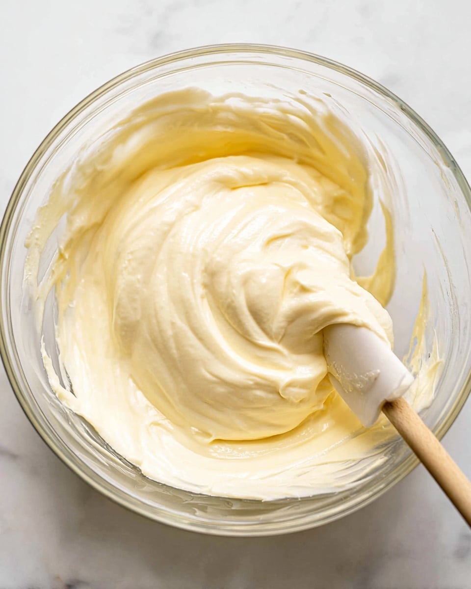 A clear glass bowl with one thick, creamy layer of pale yellow whipped mixture that looks soft and smooth, being stirred by a light wooden spatula on a white marbled surface photo taken with an iphone --ar 4:5 --v 7