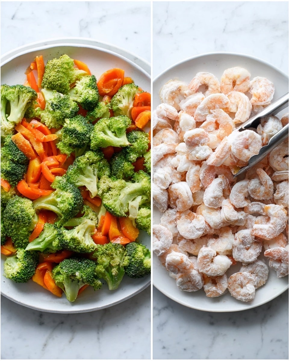 The image shows two white plates on a white marbled surface. The left plate holds cooked broccoli florets and sliced orange bell peppers, arranged evenly with a slight char on some edges, giving a mix of green and bright orange colors with a cooked texture. The right plate is filled with raw peeled shrimp coated in a white floury layer, scattered evenly with a stainless steel tong picking some shrimp from the right side, showing a pale pink and white color mix with a powdery texture. Photo taken with an iphone --ar 4:5 --v 7
