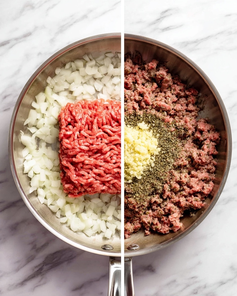 Two side-by-side images show cooking stages in a silver pan on a white marbled surface. The left image shows a layer of small white chopped onions covering the pan's bottom, topped with a large block of raw minced beef that is a bright red color with textured lines. The right image shows the same pan with cooked minced beef now brown and crumbly mixed with softened translucent onions. On top, light yellow crushed garlic and green dried herbs sit in the center. The pan handle is shiny silver in both images. Photo taken with an iphone --ar 4:5 --v 7