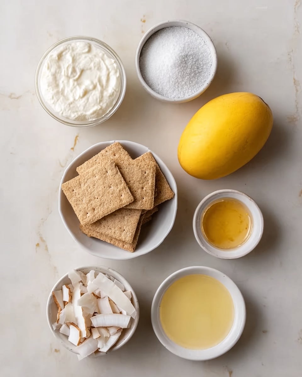 The image shows six white bowls placed on a white marbled surface, each holding different ingredients in a neat arrangement. Starting from the top left, there is a bowl filled with a white creamy substance, next to it a bowl filled with white granulated sugar, to the right of that is a whole yellow mango resting directly on the surface. Below the mango, there is a white bowl filled with square-shaped light brown biscuits stacked neatly, and to the bottom left of it, a bowl with cracked white coconut pieces. Below the biscuits and coconut, there are two small bowls — one with a pale yellow liquid and the other with a thick golden-yellow liquid. The image has a clean and minimal look. Photo taken with an iphone --ar 4:5 --v 7