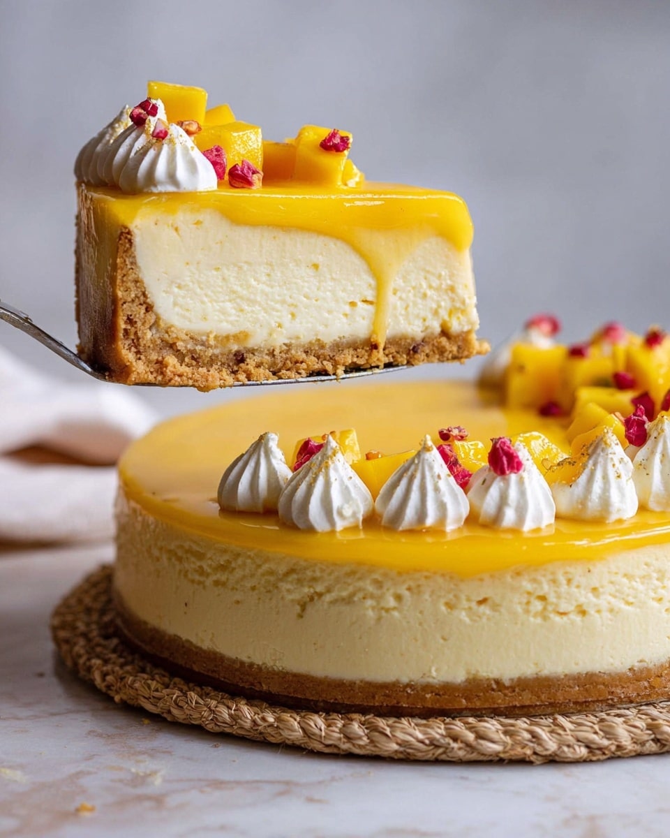 A slice of mango cheesecake is held above a whole cake  showing three layers: a thick golden brown crumbly crust at the bottom, a thick creamy pale yellow cheesecake layer in the middle, and a thin bright yellow mango glaze on top. The cake is decorated with white whipped cream dollops, small yellow mango cubes, and small red dried fruit pieces scattered on the glaze. The whole cheesecake sits on a round woven mat on a white marbled surface, with soft light highlighting the smooth texture of the cheesecake and the fresh toppings. Photo taken with an iphone --ar 4:5 --v 7