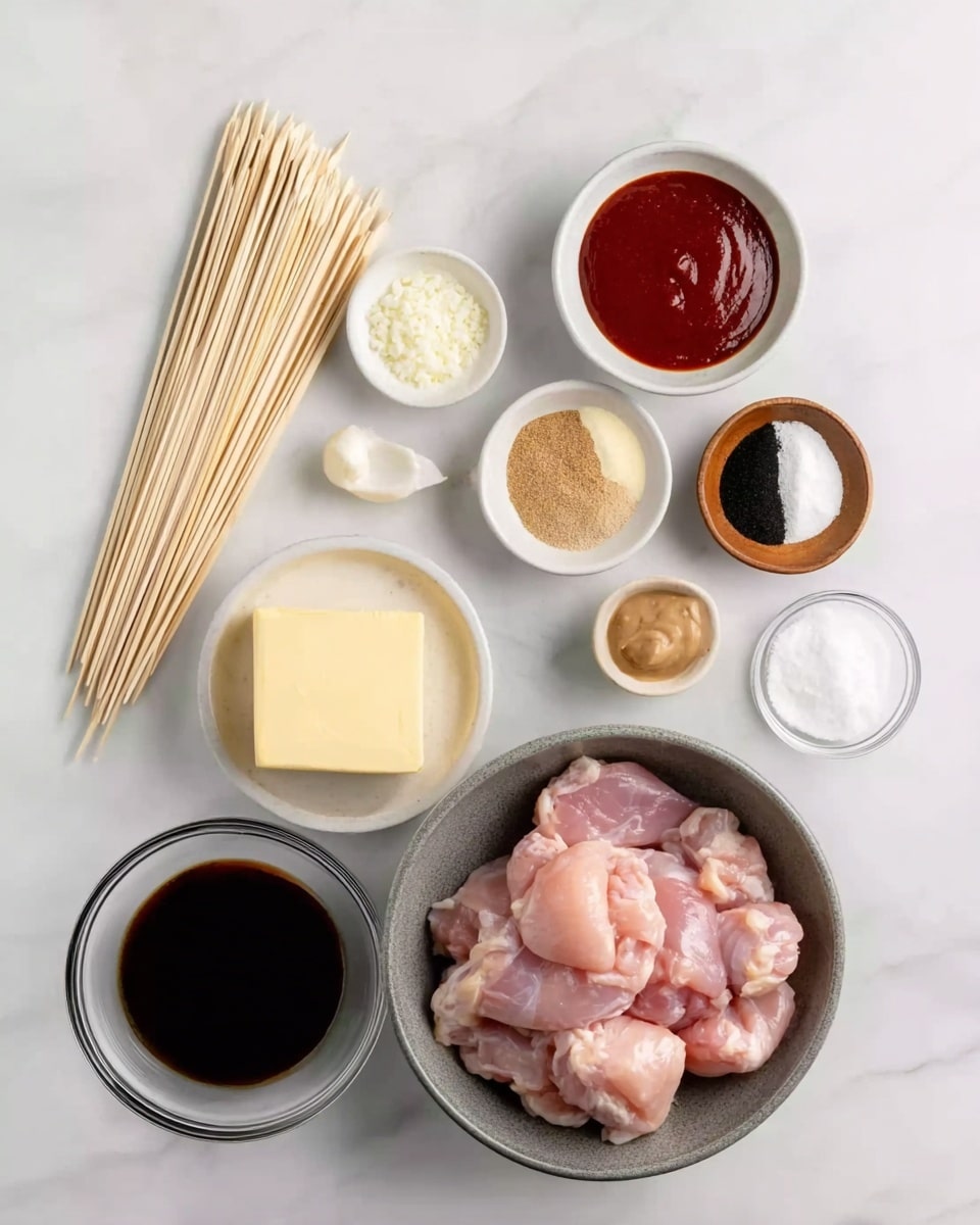 The image shows all ingredients laid out separately on a white marbled surface. In the center bottom, there is a gray bowl holding raw, pink chicken pieces with smooth texture. To the left, a small pile of wooden skewers lies flat. Above the bowl, there is a small white bowl filled with a smooth, dark red sauce. Next to it on the right, a small brown wooden bowl holds four different powdered spices in separate colored sections – beige, black, white, and light brown. Below that, a small black bowl contains a pale yellow block of butter. Near the black bowl, there is a tiny transparent bowl with a smooth brown paste in it. To the left of the butter, a small glass bowl with dark soy sauce sits shiny and reflective. At the bottom right corner, a tiny glass bowl has white powder, likely cornstarch, while next to it on the right is a small white jug with white liquid, probably milk or cream. Above the cornstarch is a clear bowl filled with minced pale yellow garlic. The overall arrangement is neat and clear. Photo taken with an iphone --ar 4:5 --v 7