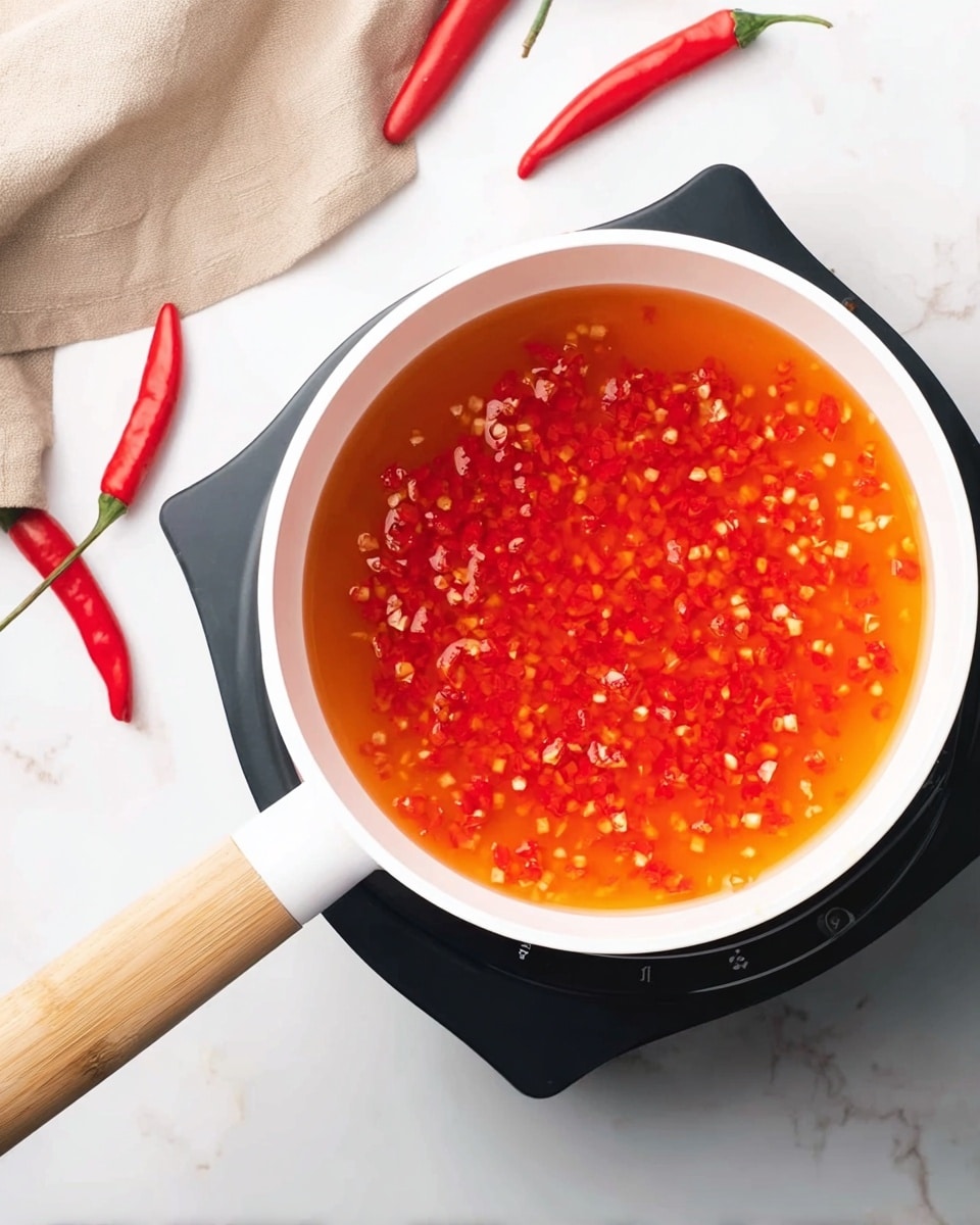A white small pot sits on a black and white electric stove, filled with a bright orange-red liquid mixed with many tiny pieces of chopped red chili floating on the surface. The pot has a light wooden handle extending to the left. Around the stove on a white marbled surface are several whole fresh red chili peppers and part of a beige cloth is visible in the top left corner. The photo has bright, natural light. photo taken with an iphone --ar 4:5 --v 7