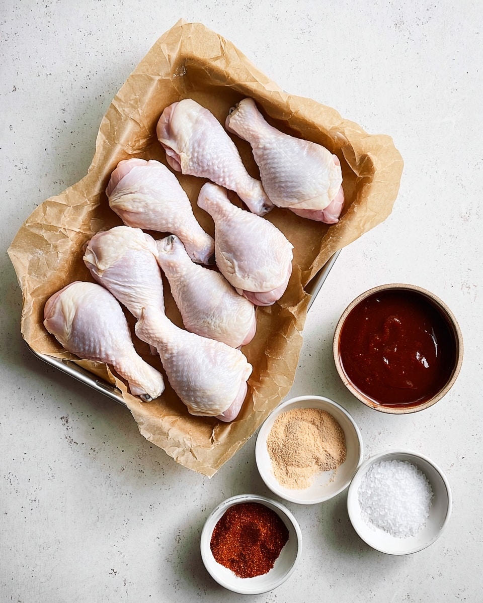 Eight raw chicken drumsticks are placed on a single layer of crumpled brown parchment paper inside a shallow baking tray. To the right of the tray, on a white marbled surface, there are four small white bowls: one bowl contains a dark red-brown sauce with a smooth texture, another has a light tan powder, a third holds a reddish-brown spice powder, and the last is filled with coarse white salt. The arrangement is simple and clean with even lighting. Photo taken with an iphone --ar 4:5 --v 7
