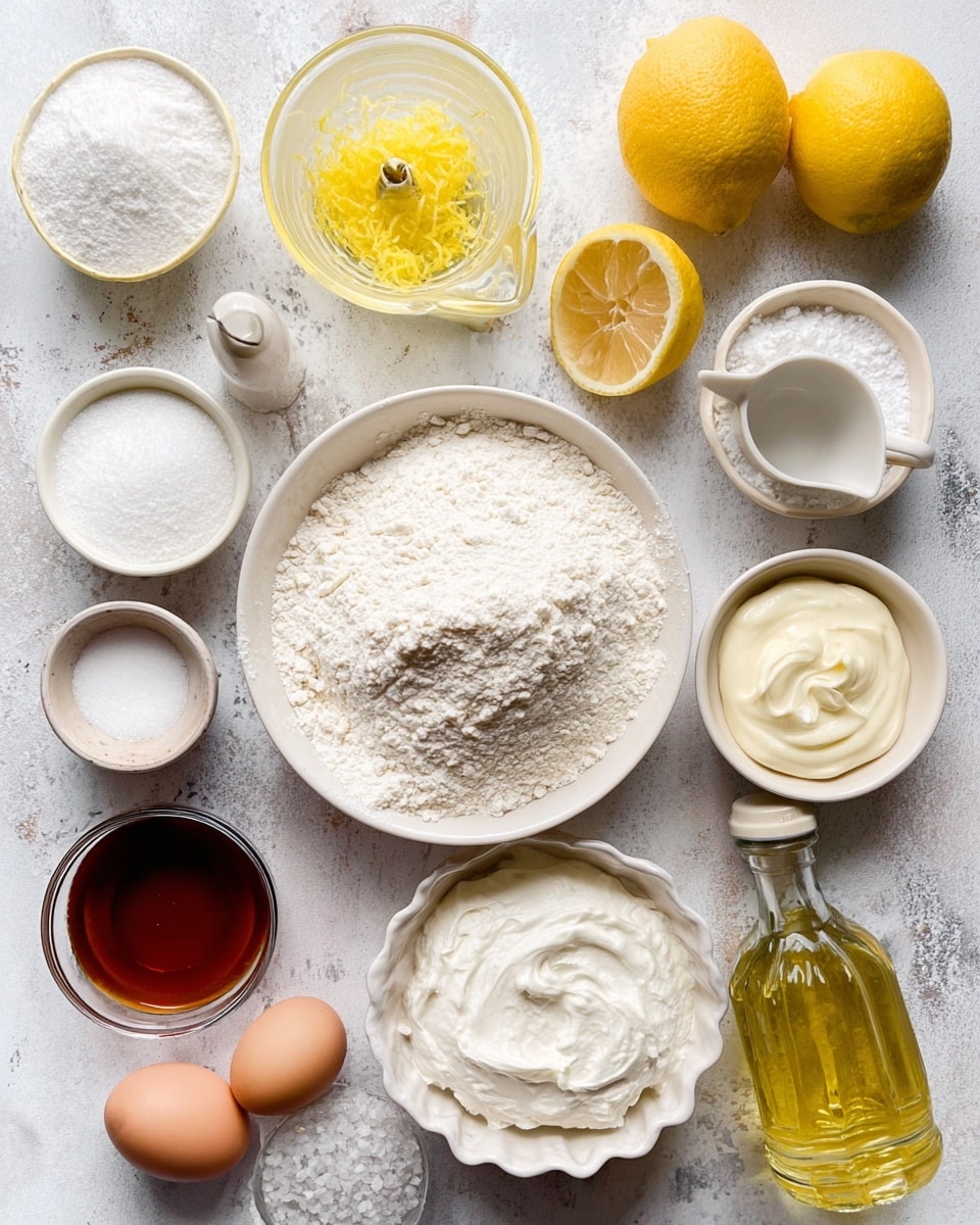 The image shows a top view of many baking ingredients arranged on a white marbled surface. In the center is a large white bowl filled with flour, with a small white cup tipped on its side inside the flour. Above it is a small beige bowl holding some yellow lemon zest. To the top left is a glass citrus juicer with light yellow lemon juice inside. Two whole yellow lemons are near the top right. Below the flour bowl is a medium white bowl filled with white powdered sugar, next to it a white scalloped bowl holding baking powder. To the left of these is a crystal bowl with dark amber vanilla extract. Below it, a small white round bowl is filled with white sugar. Two brown eggs sit below the sugar bowl. Next to the powdered sugar bowl on the left is a white bowl with white creamy ricotta cheese. To the right of the powdered sugar bowl is a glass bottle filled with golden oil. Near the bottom right corner is a small round bowl with coarse salt and lemon halves are partly visible on the bottom right edge. photo taken with an iphone --ar 4:5 --v 7
