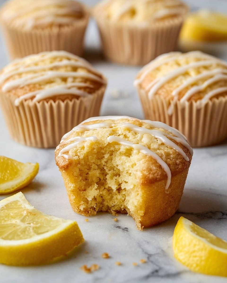 The image shows several lemon muffins arranged on a white marbled surface, each in a light beige paper liner with a textured, slightly golden-yellow top. The muffins are drizzled with thin, white icing stripes in a diagonal pattern. One muffin in the front is partially eaten, revealing a soft, crumbly pale yellow inside. Around the muffins are small lemon wedge slices with bright yellow skin and juicy, translucent pulp. The focus is on the front muffin, with the others softly blurred in the background, giving a warm, inviting feel. photo taken with an iphone --ar 4:5 --v 7