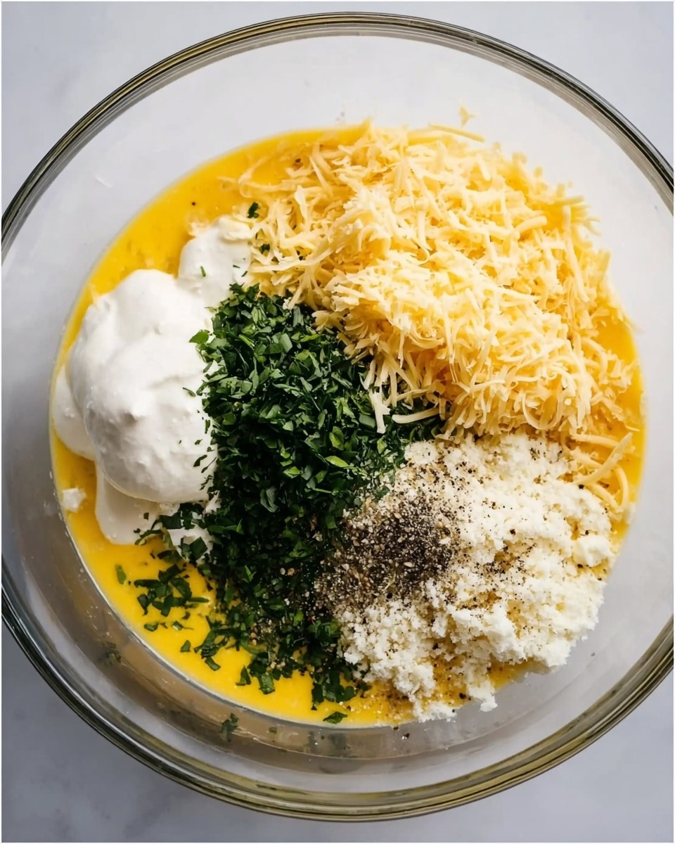 A clear glass bowl holds several ingredients neatly arranged in separate sections on top of a yellow beaten egg base. On the left, there is a dollop of white creamy cheese with a smooth texture, next to finely chopped fresh green herbs in the center. To the right, shredded pale yellow cheese is piled up, with crumbly white cheese mixed with black pepper specks placed at the bottom edge of the bowl. The ingredients create a layered look with vibrant colors contrasting against the yellow eggs and clear bowl. The bowl rests on a white marbled surface photo taken with an iphone --ar 4:5 --v 7