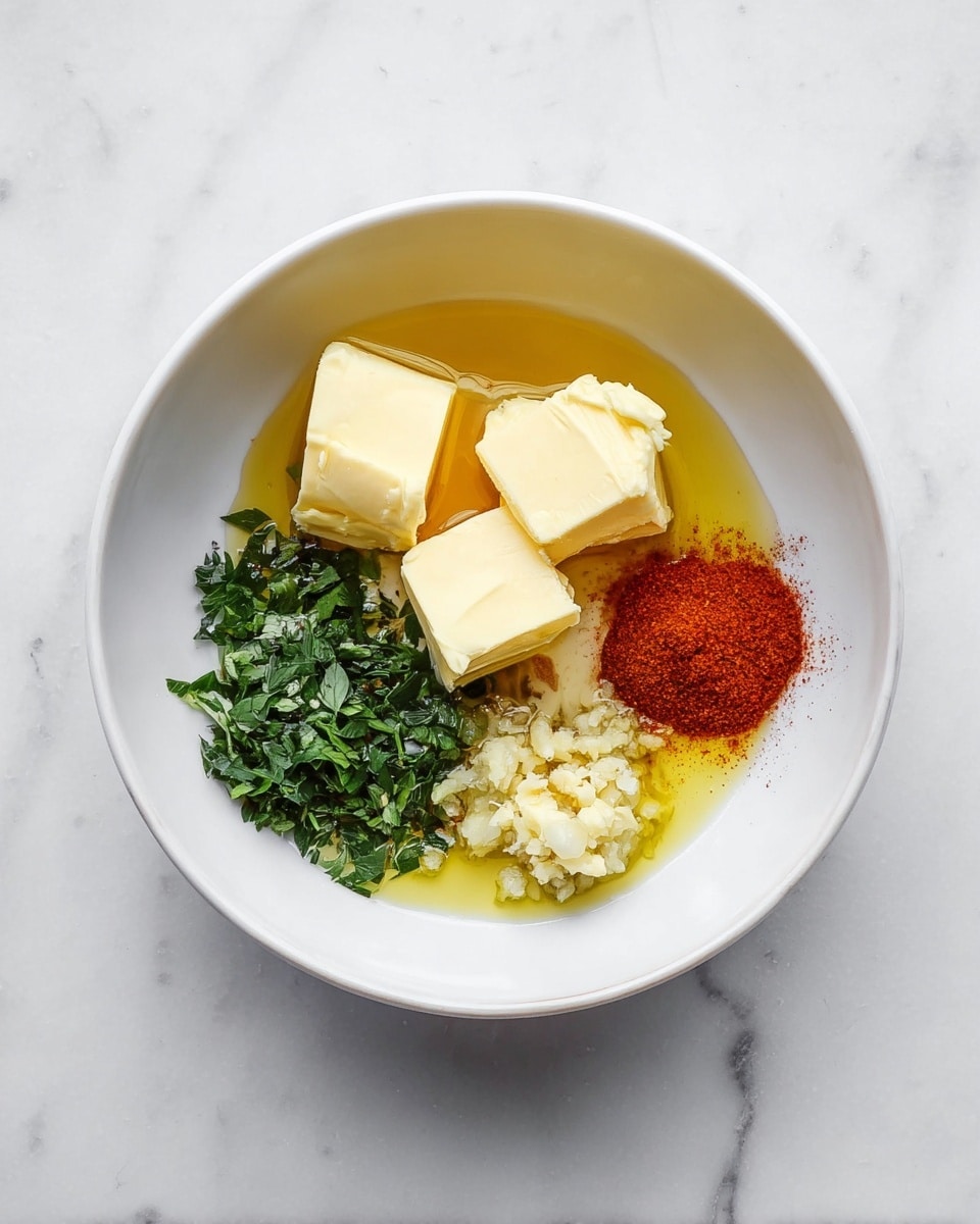 A white bowl holds six separate clusters of ingredients arranged in a circle on a white marbled surface. In the center are three pale yellow blocks of butter with smooth texture, sitting on a pool of golden olive oil that spreads across the bowl’s bottom. Next to the butter is a small pile of chopped green herbs with a fresh leafy texture. Adjacent to the herbs is a mound of finely minced pale garlic, slightly moist. Opposite this is a heap of bright red powder, vividly contrasting with the other ingredients. The bowl is photographed from above, centered in the frame, on a white marbled surface. photo taken with an iphone --ar 4:5 --v 7