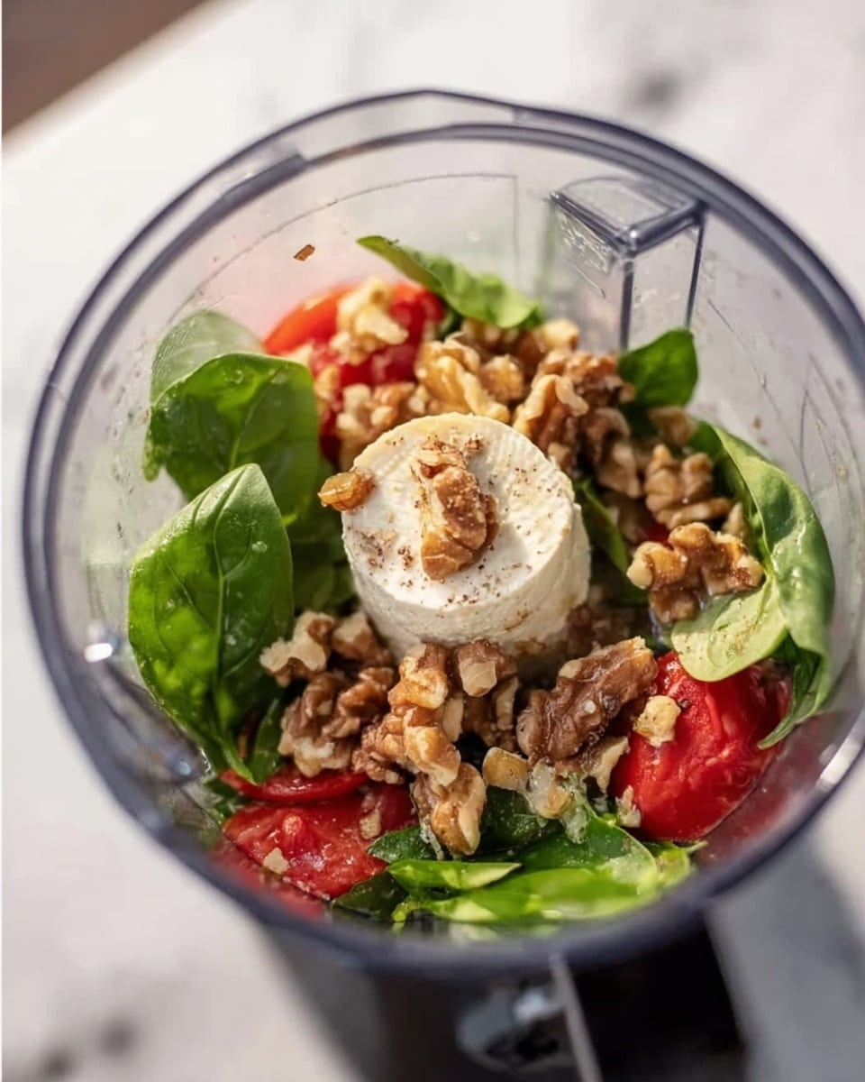 The image shows a blender filled with several layers of ingredients. At the bottom, there are small red pieces that look like tomatoes, followed by large fresh green basil leaves layered on top. Sprinkled over the basil leaves are many light brown walnut halves, adding texture. In the center on top, there is a round piece of creamy cheese, possibly goat cheese, surrounded by other ingredients. The whole setup sits on a white marbled surface, and a woman's hand is barely visible holding the blender base. Photo taken with an iphone --ar 4:5 --v 7