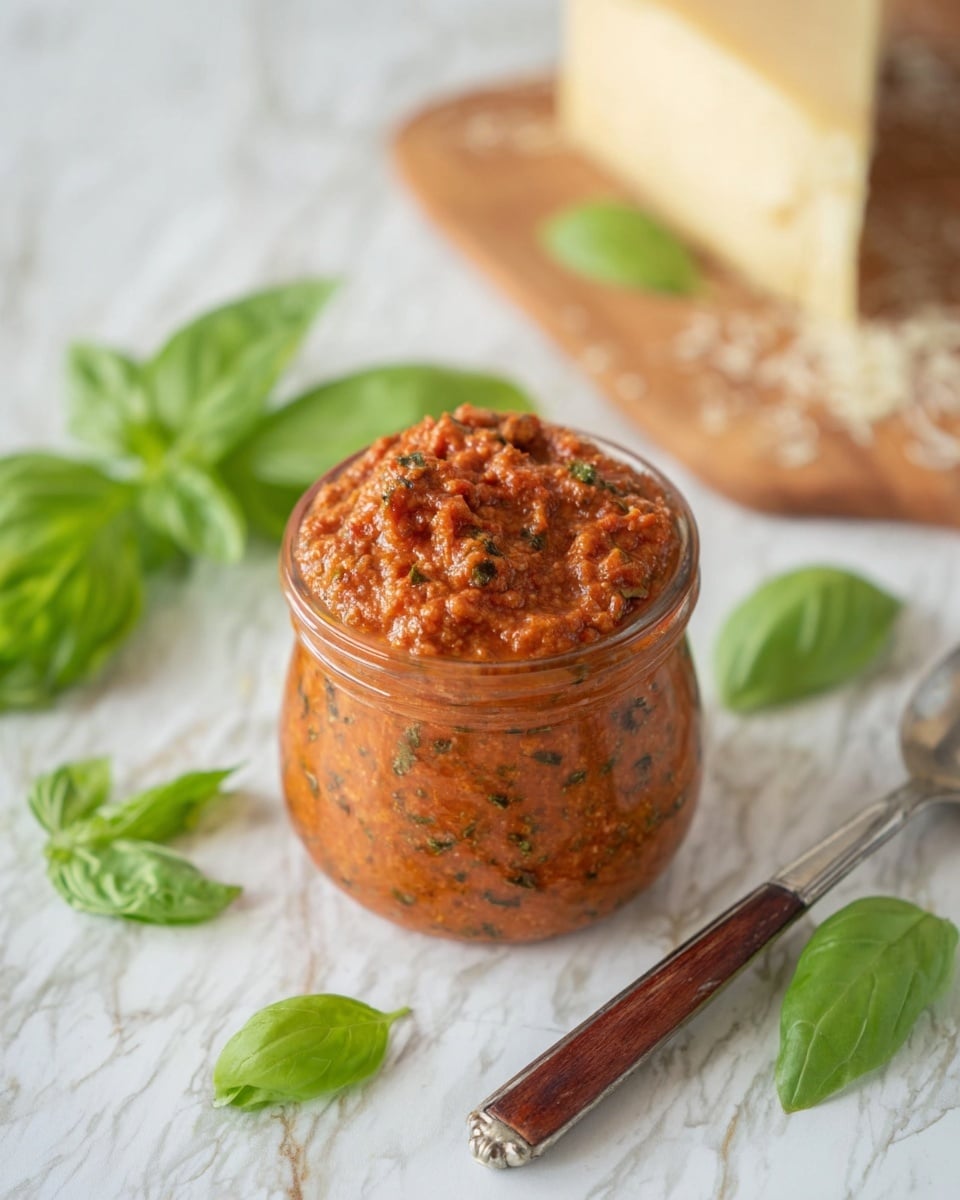 A small glass jar filled with a thick, chunky, red-orange sauce with green herbs mixed throughout, slightly mounded above the rim. The jar sits on a white marbled wooden surface scattered with fresh green basil leaves. In the background, there is a blurred piece of pale yellow cheese and a silver spoon with a wooden handle resting near the jar. The overall look is fresh and rustic. photo taken with an iphone --ar 4:5 --v 7