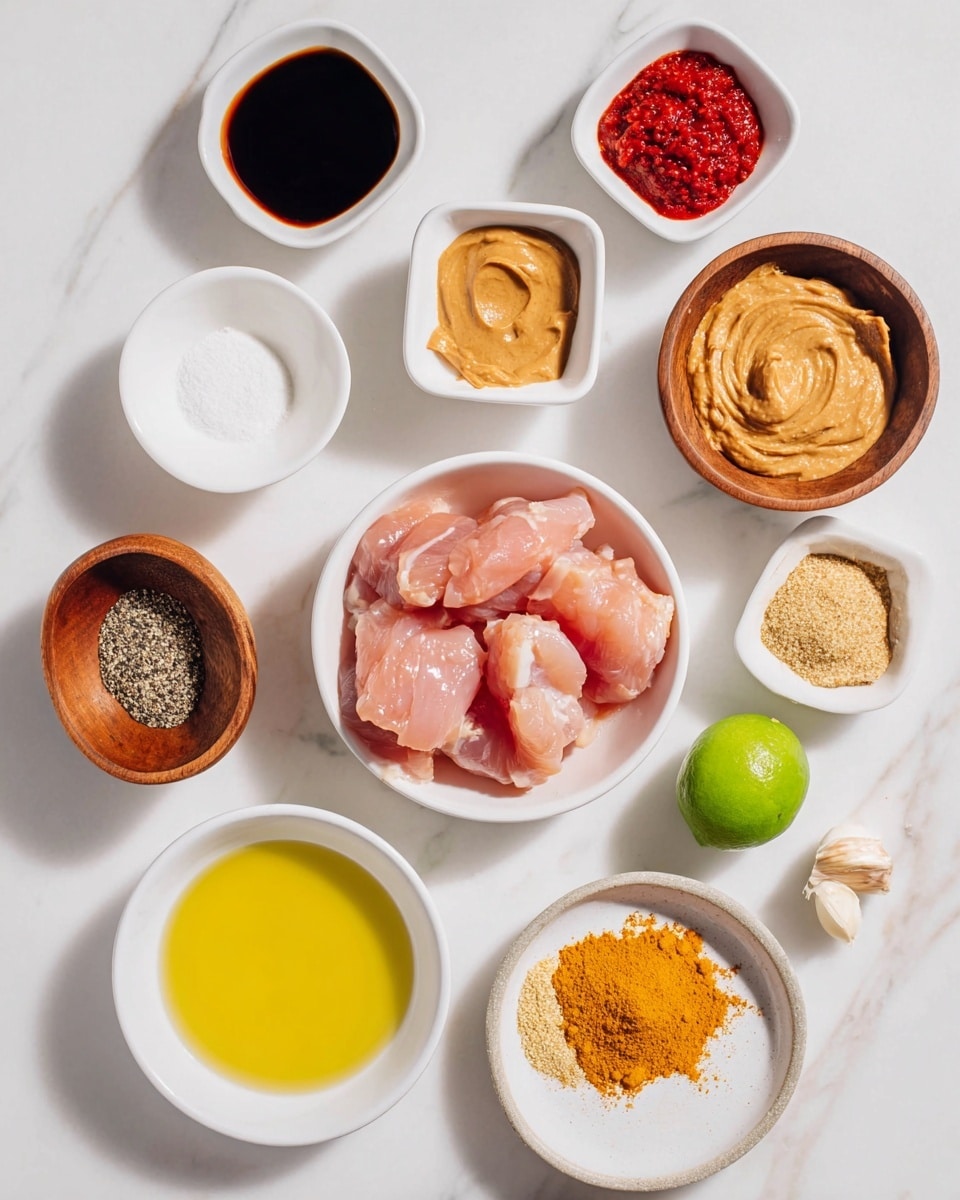 The image shows an overhead view of various ingredients arranged neatly on a white marbled surface. In the center, there is a white bowl filled with raw pink chicken pieces. Surrounding this bowl are small white and wooden bowls holding different ingredients: a dark soy sauce in white bowl at the top left, a red spicy paste in a small white square bowl above the chicken, a light brown peanut butter in a wooden bowl at the top right, and a light brown sugar in a white square bowl to the right of the chicken. Below the chicken is a small wooden bowl with coarse black pepper, and to the left, a white bowl filled with yellow oil. There is also a white bowl with a creamy white yogurt-like substance below the oil. Near the bottom right is a small round plate with yellow curry powder, a light brown paste, and some small ground spices. A whole green lime and a single clove of garlic lay on the white marbled surface on the right side, adding color contrast. The bright lighting highlights the fresh textures and colors of the ingredients photo taken with an iphone --ar 4:5 --v 7