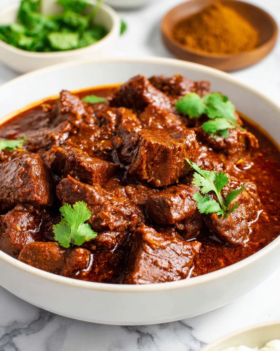 A white bowl is filled with dark brown chunks of meat coated in a thick, reddish-brown sauce with a shiny texture. The meat pieces are uneven in shape but roughly similar in size, and a few fresh green cilantro leaves are scattered on top, adding a bright contrast to the rich sauce. The bowl sits on a white marbled surface, with a blurry bowl of green herbs and a wooden plate with brown powder in the background. The scene is lit softly, highlighting the glossy sauce and tender meat pieces. photo taken with an iphone --ar 4:5 --v 7