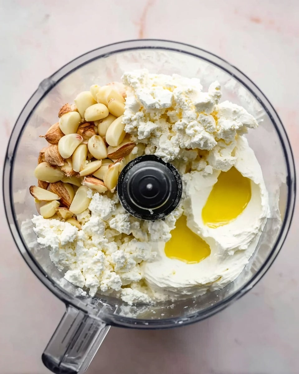The image shows a clear food processor bowl filled with three visible layers of ingredients placed against a white marbled surface. The bottom left section contains whole garlic cloves with a light golden brown color and smooth texture. The bottom right and center areas are filled with white, crumbly cheese resembling feta. The top right section holds a creamy white dairy product with two pools of yellow olive oil on its surface, creating a smooth but slightly shiny texture. The black central blade of the processor is visible in the middle, surrounded by the mixture. photo taken with an iphone --ar 4:5 --v 7