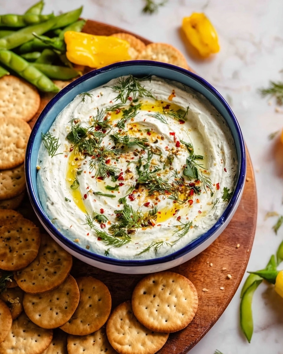 A bowl of creamy white dip with a smooth texture fills a deep white bowl with a blue rim. The dip is swirled, creating gentle waves on the surface, topped with a drizzle of golden oil. Fresh green herbs, like dill and parsley, are scattered on top along with a sprinkle of red chili flakes and small black seeds, adding color and texture. The bowl sits on a wooden board, surrounded by round golden crackers on a white marbled surface. Green pea pods and yellow mini peppers are also visible around the bowl. Photo taken with an iphone --ar 4:5 --v 7