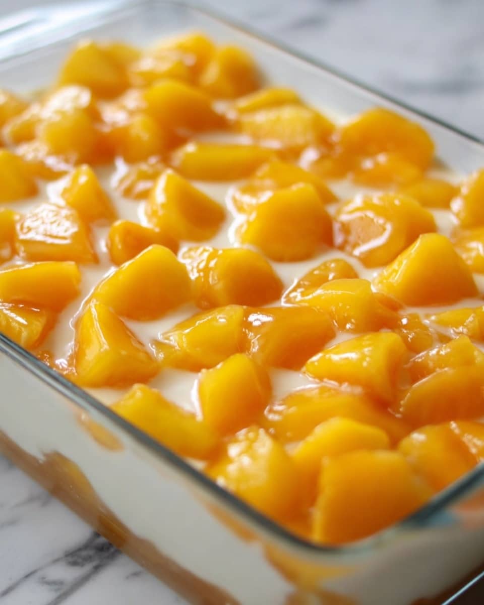 The image shows a close-up of a glass rectangular dish with two layers: the bottom layer is smooth and creamy white, while the top layer is covered with bright yellow chunks of fruit, likely peaches, evenly spread out. The glossy texture of the fruit pieces contrasts with the soft matte look of the creamy layer beneath. The dish is placed on a white marbled surface. photo taken with an iphone --ar 4:5 --v 7