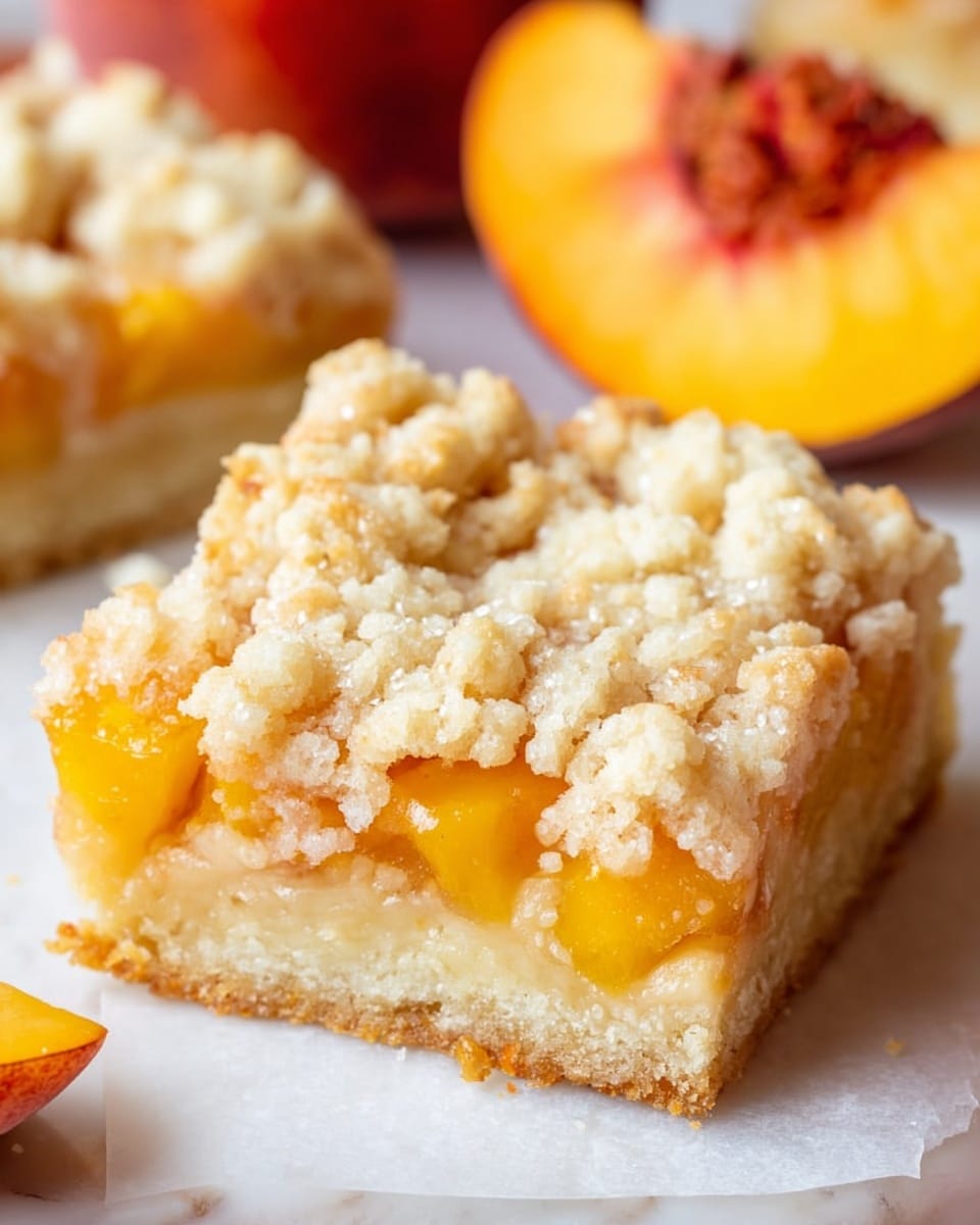 The image shows a square piece of peach crumb bar with three clear layers. The bottom layer is a light golden, firm crust that looks slightly crumbly. The middle layer has soft, bright orange peach chunks that are juicy and shiny. The top layer is a thick, pale crumb topping with small crunchy pieces that are lightly browned. In the background, there are fresh peach halves and slices on a white marbled surface. The photo taken with an iphone --ar 4:5 --v 7