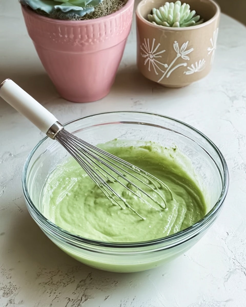 A clear glass bowl filled with a thick, light green creamy mixture that has a smooth and slightly textured surface from whisking; a silver whisk with a white handle rests inside the bowl. The bowl is placed on a white marbled surface with two ceramic pots behind it, one pink with a succulent plant and the other beige with a white flower design. Photo taken with an iphone --ar 4:5 --v 7