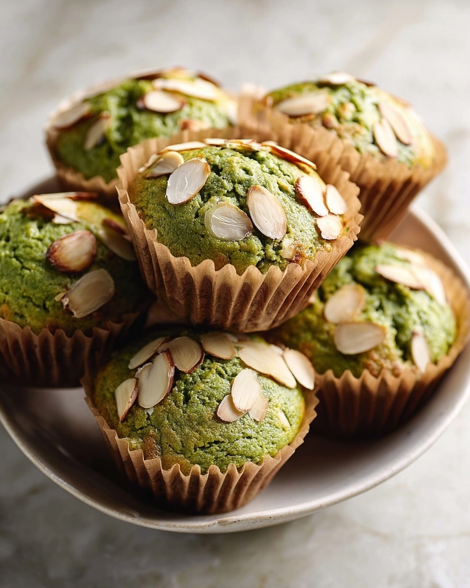 A close-up view of six green muffins piled together inside a white bowl, each muffin topped with thin, pale brown almond slices scattered unevenly over the slightly bumpy green surface. The muffins have a light, fluffy texture and are wrapped in brown paper liners, resting on a white marbled surface with a soft light shining from above. The focus is sharp on the front muffins, showing the contrast between the green color and the baked almond edges, while the other muffins softly blur into the background. photo taken with an iphone --ar 4:5 --v 7