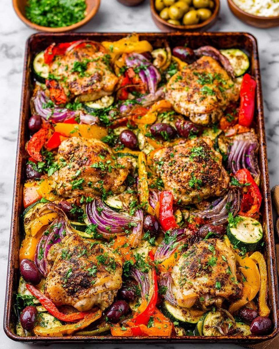 A large brown baking tray filled with six browned seasoned chicken thighs, each placed over a colorful bed of roasted vegetables including orange and red bell peppers, slices of purple onion, grilled zucchini, and dark purple olives scattered throughout. The dish is topped with bright green chopped parsley, adding freshness and contrast. The tray rests on a white marbled surface, and the background shows blurred small wooden bowls with yellow and red olives and white cheese. photo taken with an iphone --ar 4:5 --v 7