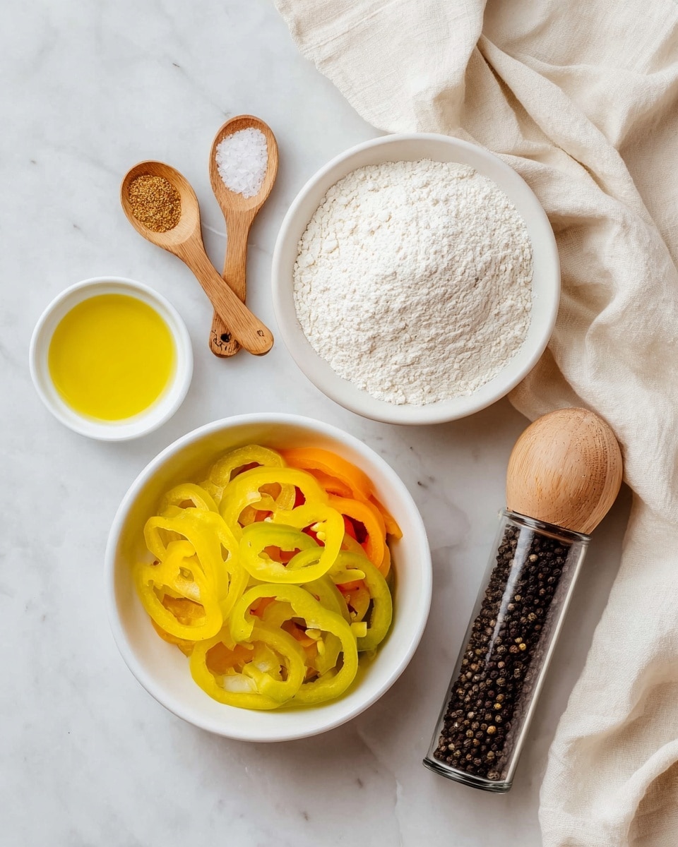 The image shows six ingredients arranged on a white marbled surface. On the top right, there is a white bowl filled with a heap of white flour that has a soft, powdery texture. Below it and centered, a white bowl holds several yellow and light green pepper rings layered neatly, with some orange carrot slices visible underneath the peppers. To the left of the peppers, two small wooden spoons hold fine brownish seasoning and white salt. Below these, a small white bowl contains bright yellow oil with a smooth, glossy texture. On the right side near the bottom, a clear glass pepper grinder filled with black peppercorns stands upright. A soft, cream-colored cloth drapes partially in the top left and bottom right corners. Photo taken with an iphone --ar 4:5 --v 7