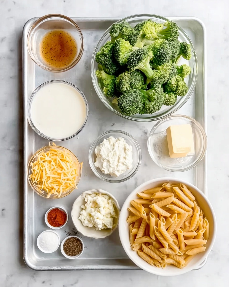 This image shows a metal tray on a white marbled surface with nine small clear glass bowls and white bowls arranged neatly. One large white bowl contains uncooked penne pasta in light beige color, positioned top right. A clear glass bowl full of fresh broccoli florets with a green color is in the middle left. A smaller white bowl of light yellow shredded cheddar cheese sits bottom right. Next to it is a small clear bowl of white ricotta cheese, and above is another small clear bowl with a brown liquid. A white bowl with minced light brown garlic is at the top left corner. A small dish with white powder is placed near the middle right, and a larger clear bowl with a white liquid is at the bottom left. A tiny white plate holds different spices: red, black, and brown powders arranged side by side. There is a small block of pale yellow butter with its paper wrapper visible near the top center. The whole arrangement is clear and organized. Photo taken with an iphone --ar 4:5 --v 7