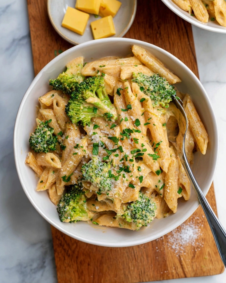 A white bowl filled with three layers of creamy pasta and broccoli. The bottom layer shows penne pasta coated in a smooth light orange cheese sauce, mixed with bright green broccoli florets. The middle layer repeats this mix, with pasta and broccoli covered in more cheese sauce. The top layer is garnished with small, chopped green herbs and a light sprinkle of grated cheese. A silver spoon is placed inside the bowl on the right side. The bowl sits on a wooden board with two small yellow squares sprinkled with coarse salt near the top edge, all placed on a white marbled surface. Photo taken with an iphone --ar 4:5 --v 7