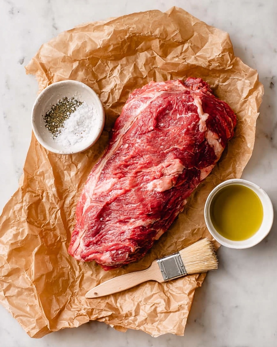 A large piece of raw red meat with white fat marbling lies on crumpled brown parchment paper. To the left of the meat, there is a small round white bowl with coarse white salt and black pepper. On the right side of the meat, there is a small white bowl filled with golden olive oil, next to a wooden brush with light bristles resting on the parchment paper. The whole arrangement is placed on a white marbled surface. photo taken with an iphone --ar 4:5 --v 7