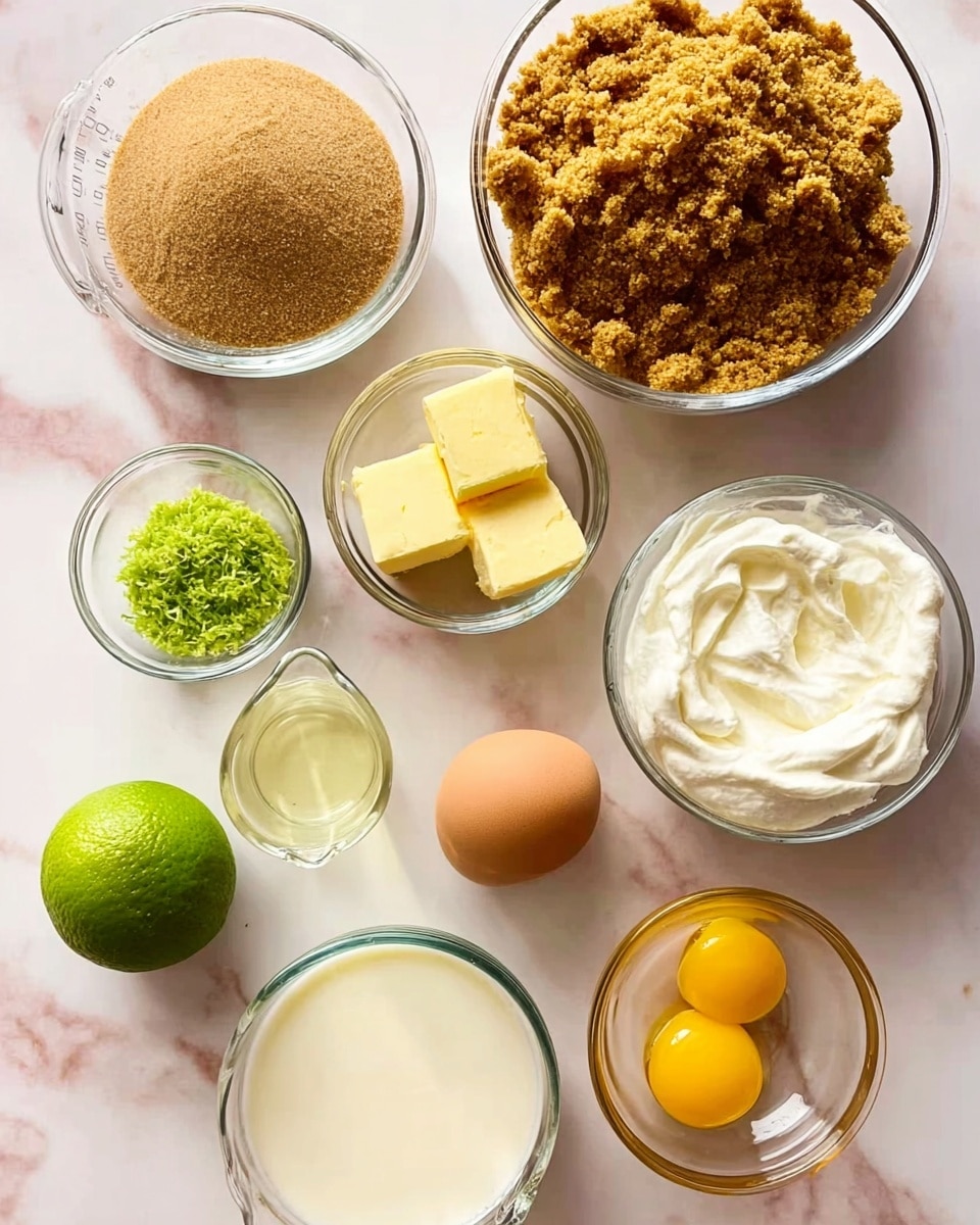 The image shows nine glass bowls of different sizes arranged on a white marbled surface, each holding separate ingredients. At the top, there is a large bowl full of golden-brown crushed graham crackers with a crumbly texture. To its right, a smaller bowl contains light brown soft brown sugar with a grainy texture. Below these, a small bowl on the left holds bright green shredded lime zest with a finely textured look. In the middle, a bowl holds yellow butter cut into blocks with a smooth surface. To the right, a bowl is packed with thick white cream or yogurt, smooth and creamy. A glass measuring cup on the bottom left has a pale yellow liquid, likely lime juice. Below the butter, a brown egg sits next to a whole green lime. At the bottom center, a small bowl contains a creamy white liquid, and lastly, a clear small bowl to the right has two bright yellow egg yolks. The light shines softly, highlighting the varied textures and colors. photo taken with an iphone --ar 4:5 --v 7